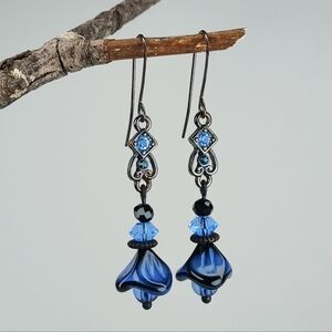 HAND CRAFTED Blue Black Artisan Glass Flower Crystal Vintage Dangle Earrings